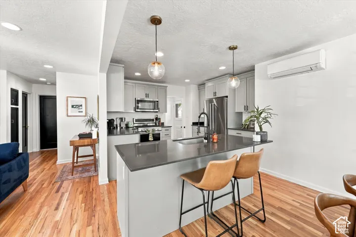 Kitchen island with a built-in sink, stainless steel appliances, light gray cabinetry, wood-finish flooring, and pendant lighting