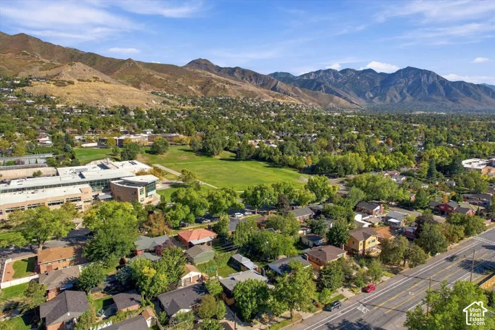 Expansive mountain backdrop with a lush, tree-lined landscape