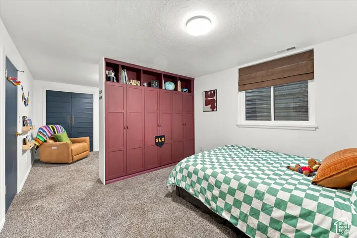 Built-in storage cabinetry with open shelving, neutral-toned carpeting, and a window with a roman shade