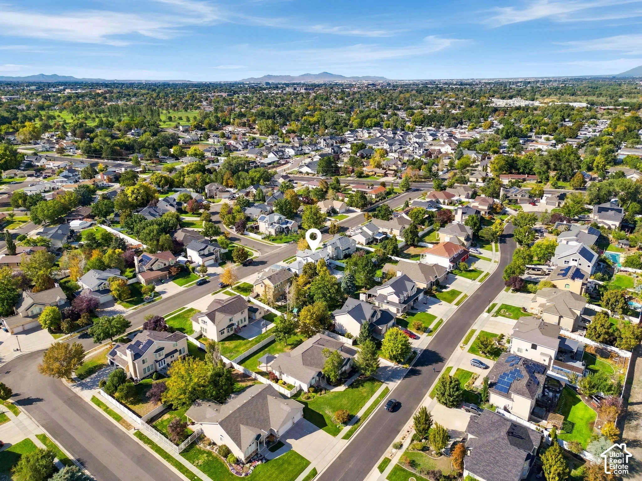 Aerial perspective of a residential neighborhood with mature trees and paved streets