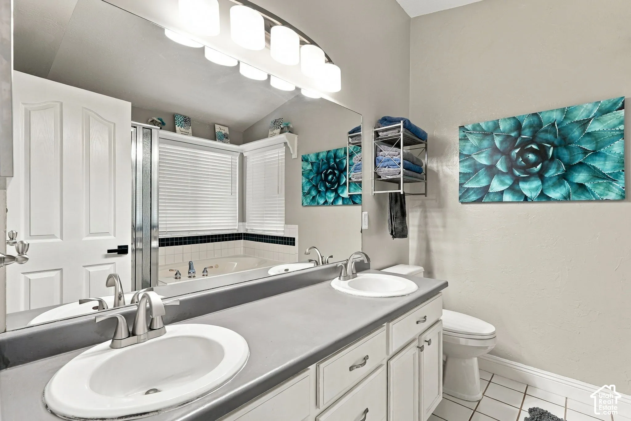 Dual vanity with brushed nickel faucets, white cabinetry, and a neutral countertop