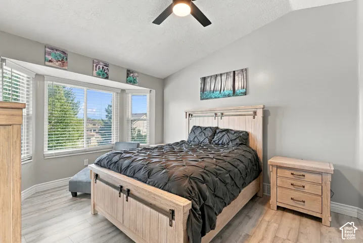 Wood-finish flooring, vaulted ceiling, bay window, ceiling fan, and light gray wall finish