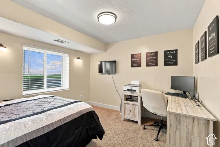 Carpet flooring, recessed lighting, and window blinds