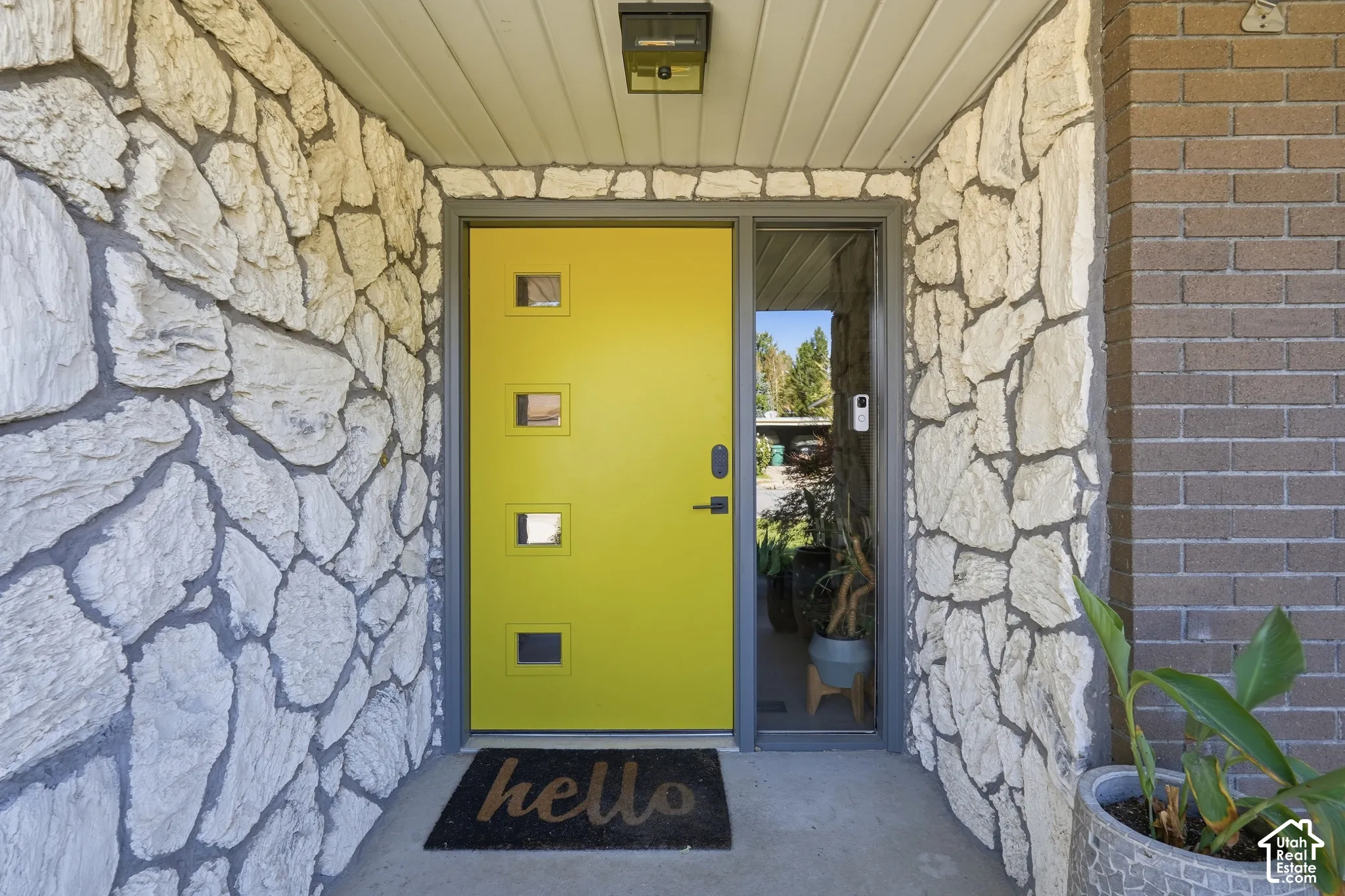 Bright yellow entry door with multiple small square windows