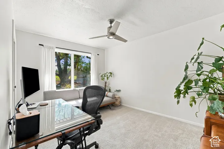Carpeted room with a ceiling fan, a large window, and light-colored walls