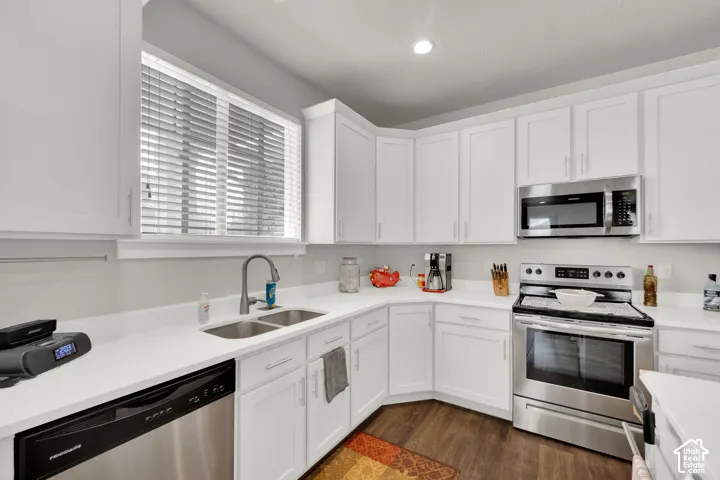 White shaker-style cabinetry with stainless steel appliances and a dual basin sink