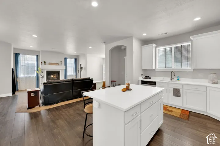 Open-concept living space featuring wood-finish flooring, a kitchen with a central island and white cabinetry, a fireplace with a mantel, and recessed lighting