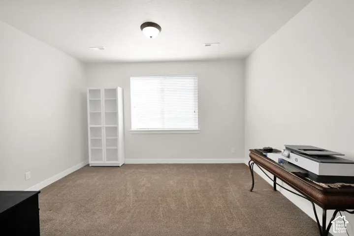 Recessed lighting with a central flush-mount fixture, neutral carpeting, and a window with blinds