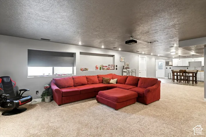 Recessed lighting, light-toned carpeting, ample wall space, built-in shelving, and a prominent built-in projector
