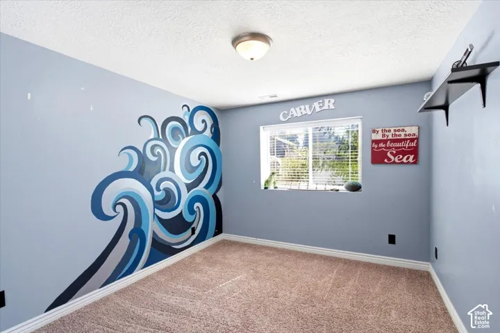 Textured carpet flooring, window with horizontal blinds, overhead light fixture, and painted walls