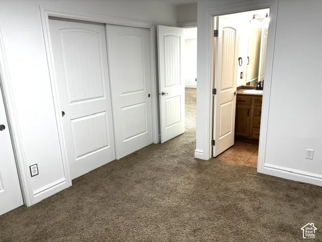 Plush carpeting, white paneled doors, and a bathroom entry featuring a vanity with an undermount sink and tile flooring