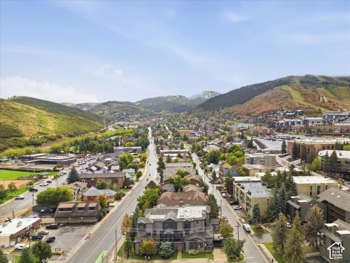 Aerial perspective featuring surrounding mountainous landscape