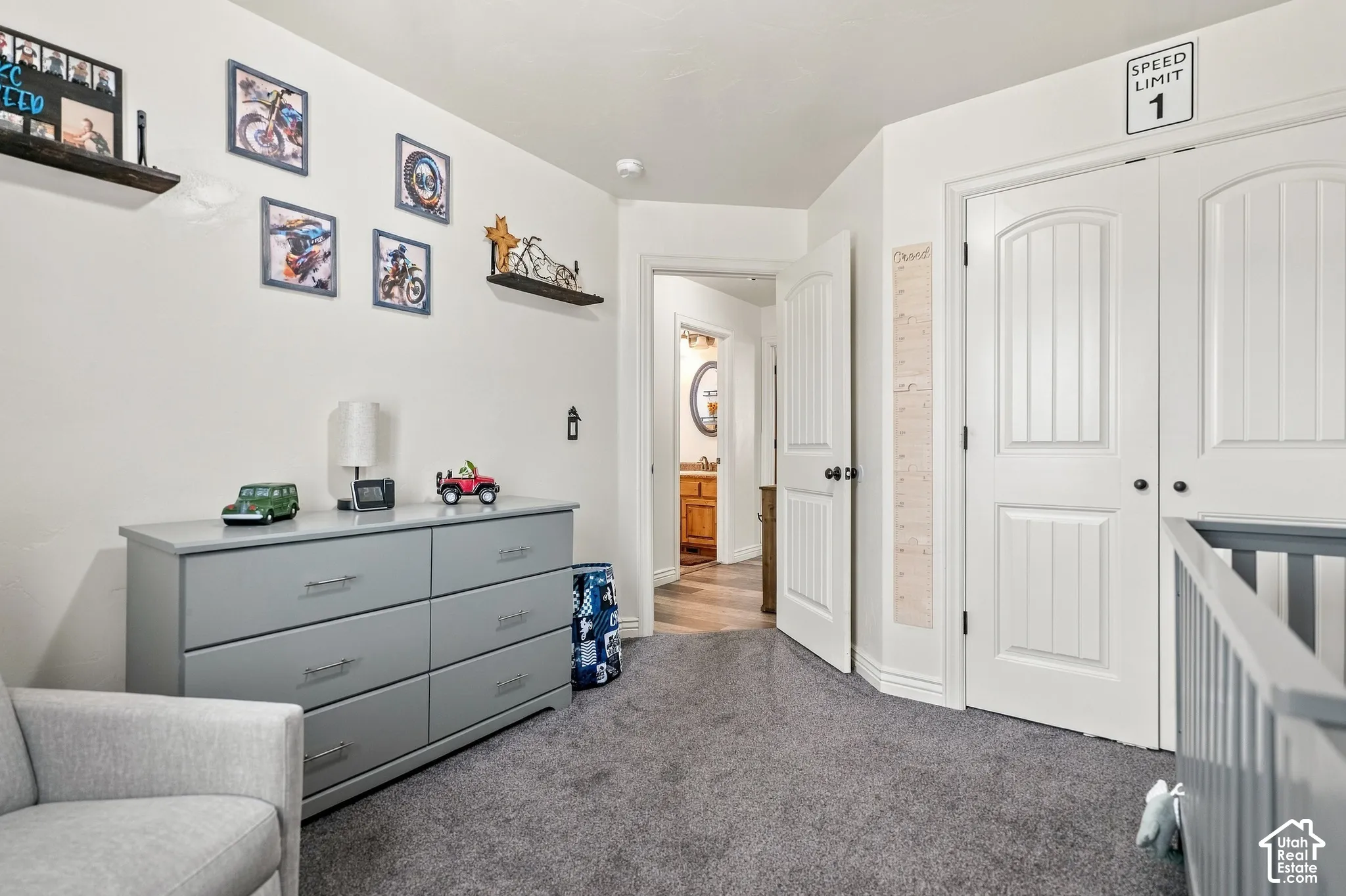 White painted walls, gray carpet flooring, and white interior doors with black hardware