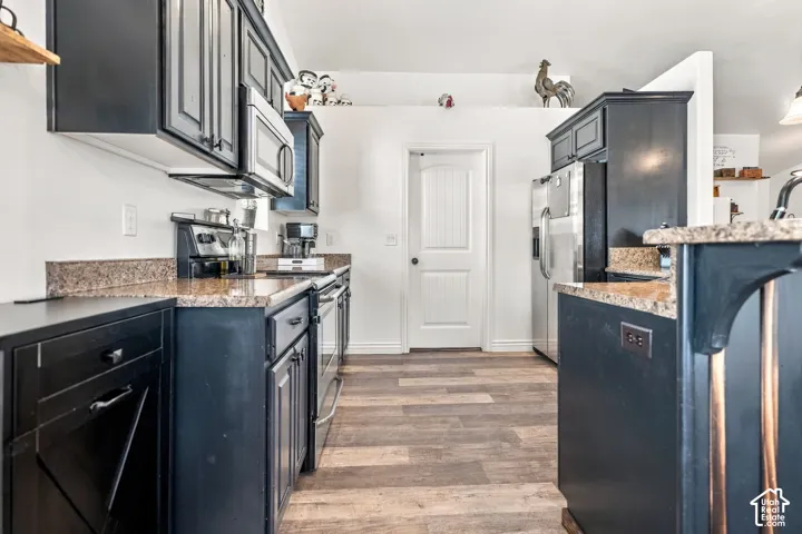 Black cabinetry with silver hardware, stone countertops, wood-finish flooring, and white paneled interior doors