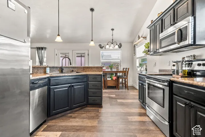 Kitchen featuring dark cabinetry, stainless steel appliances, wood-finish flooring, and pendant lighting