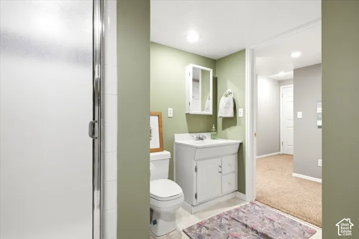 Frosted glass shower enclosure, single vanity with white cabinetry, wall-mounted medicine cabinet, white toilet, and recessed lighting