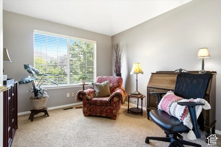 Window with horizontal blinds, neutral wall paint, and carpeting