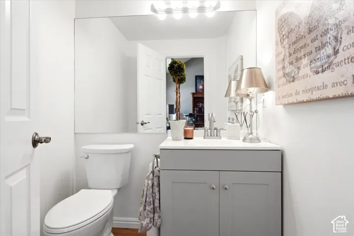 Elegant bathroom featuring a gray vanity with dual-door cabinetry, white ceramic vessel sink, and brushed nickel hardware