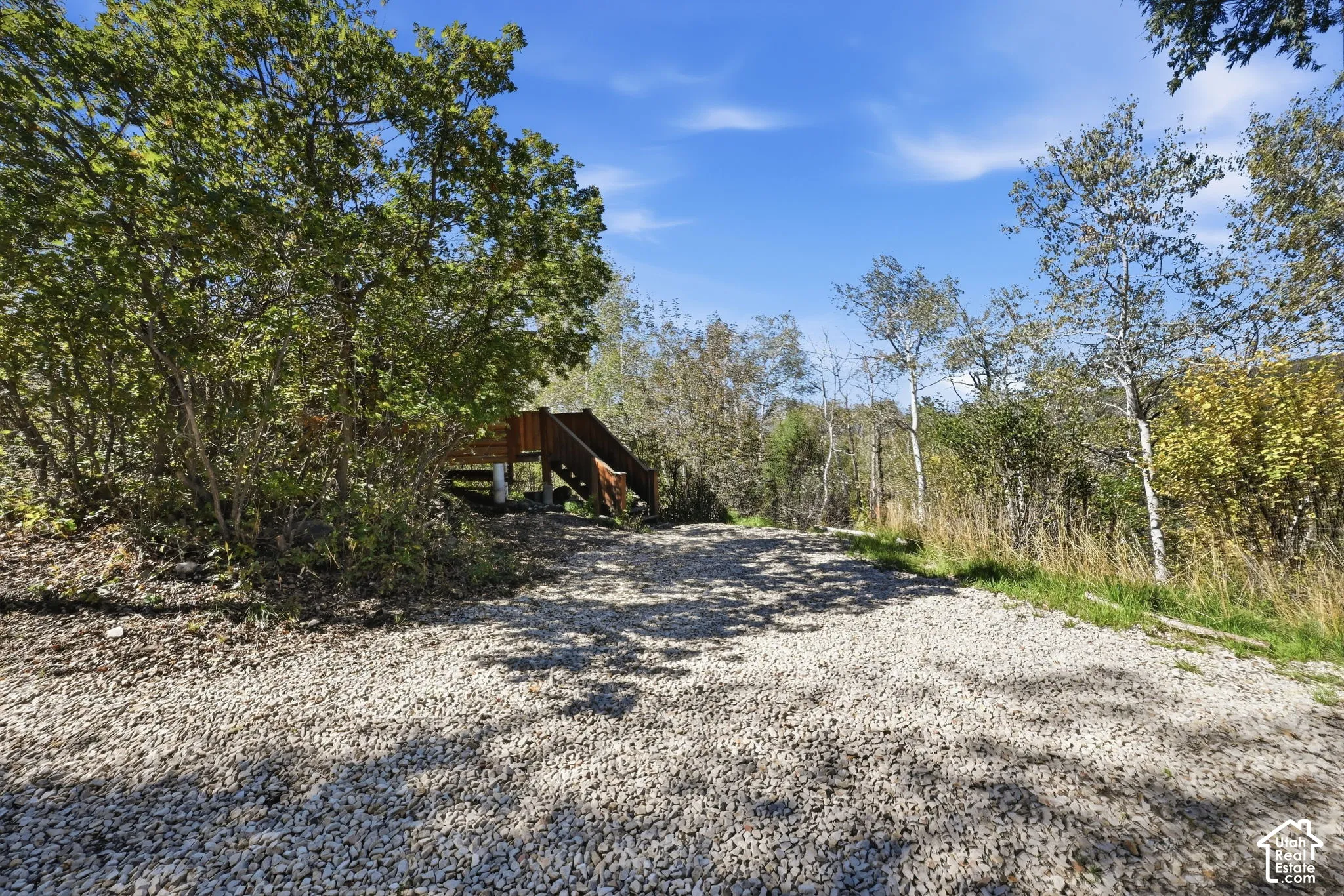 Gravel pathway with a wood-finish deck and staircase, surrounded by mature trees and natural landscaping