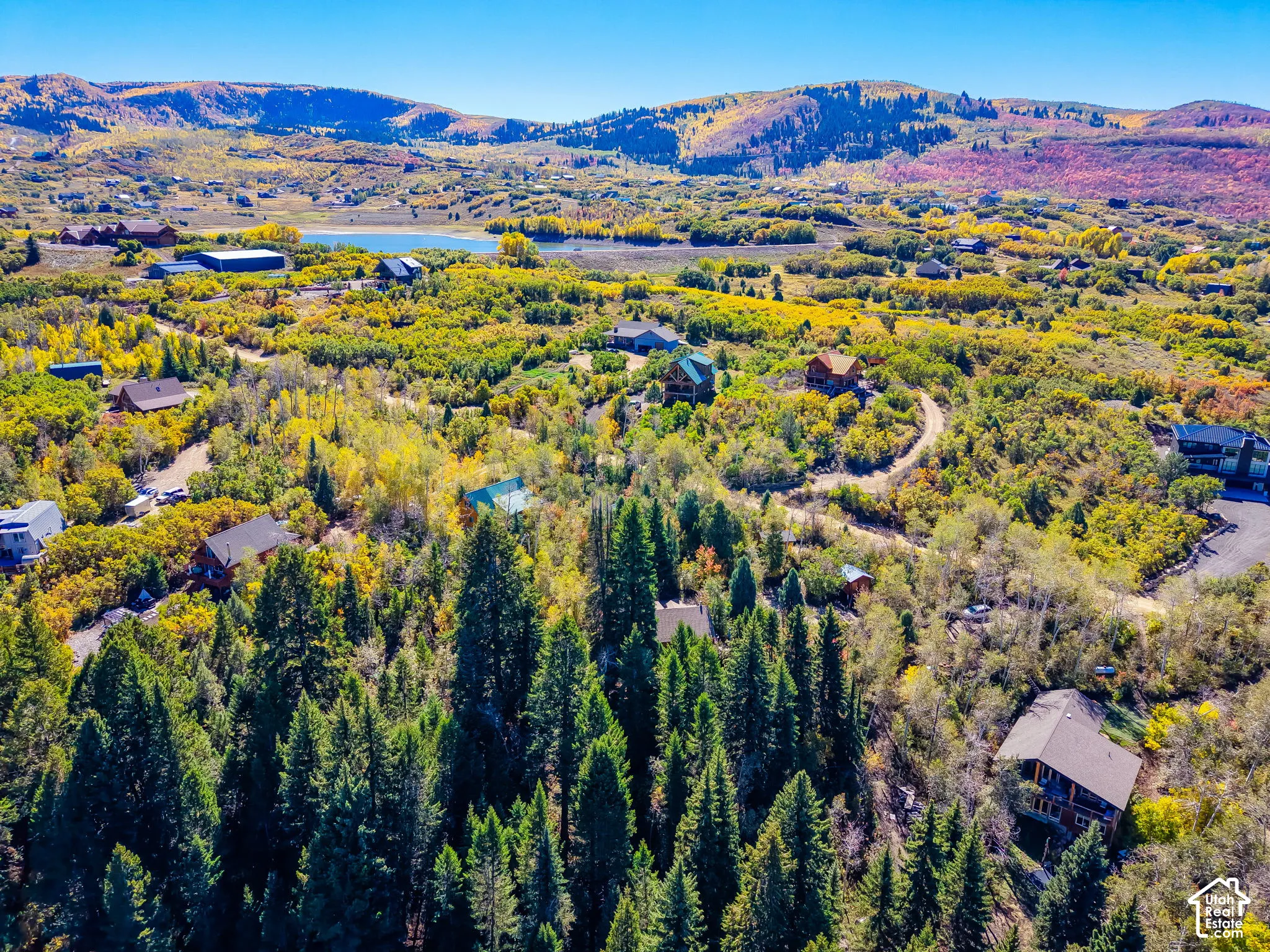 Surrounded by mature trees with distant mountains and a body of water