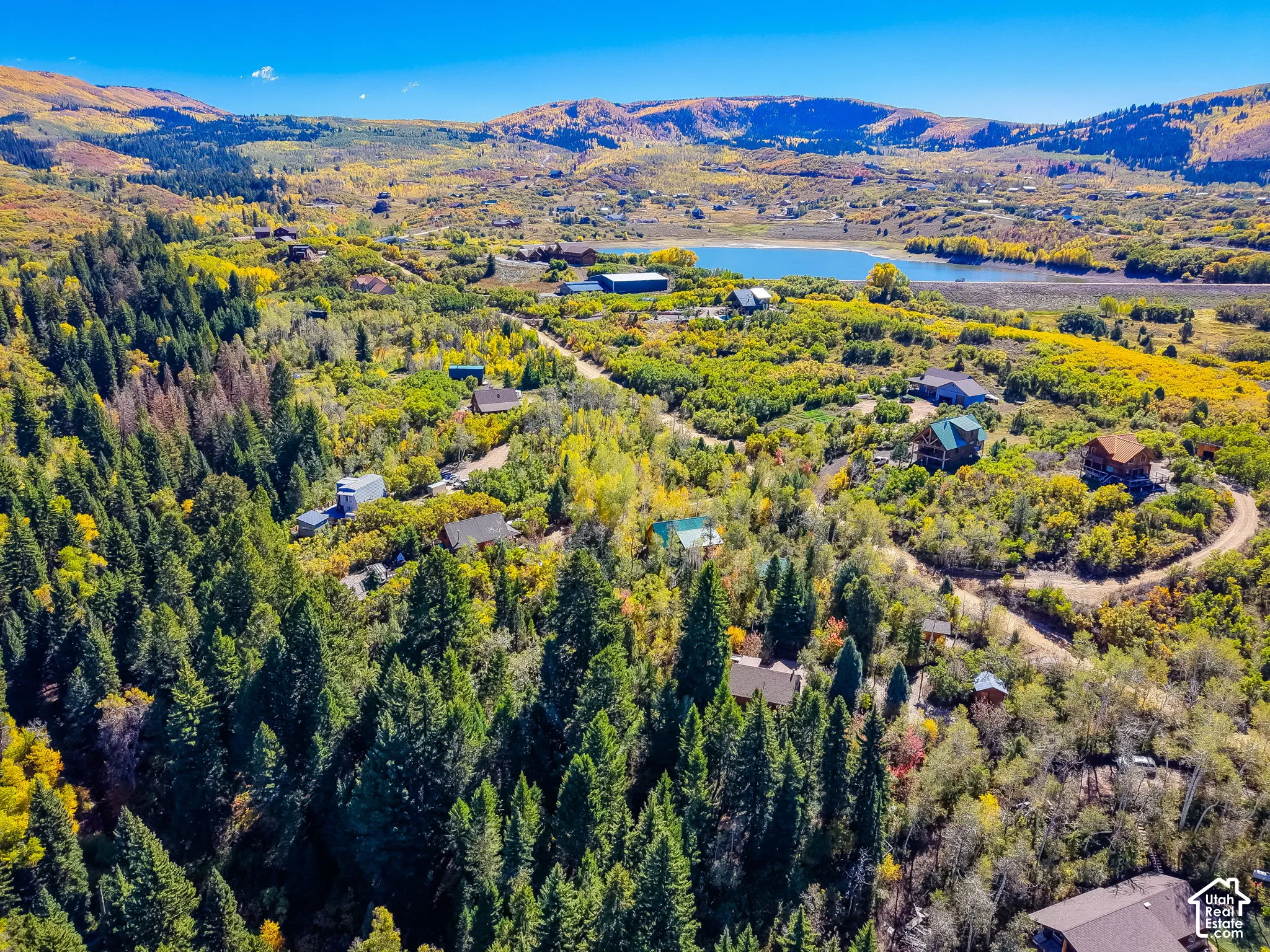 Expansive mountain landscape featuring varied evergreen and deciduous trees, a prominent body of water, and surrounding hillsides