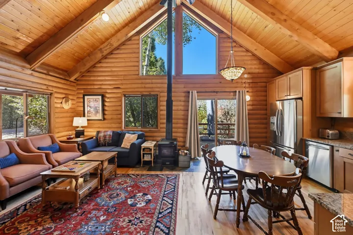 Vaulted ceilings with exposed wood beams, wood-plank walls, kitchen with stainless steel appliances, built-in wood-burning stove, and a sliding glass door