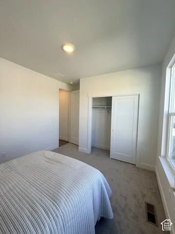Recessed ceiling lighting, soft carpet flooring, white walls, and a window with white trim