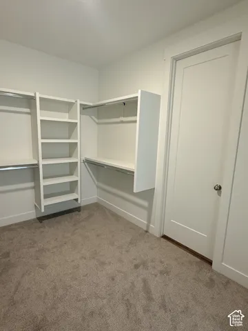 Walk-in closet featuring built-in shelving, hanging rods, and light-colored carpeting