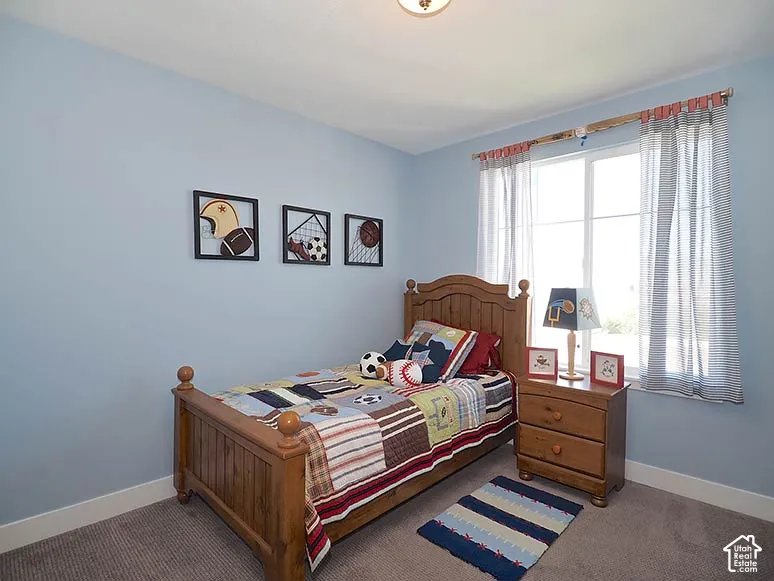Neutral-toned carpet flooring, light blue wall finishes, and a single window with curtain rods