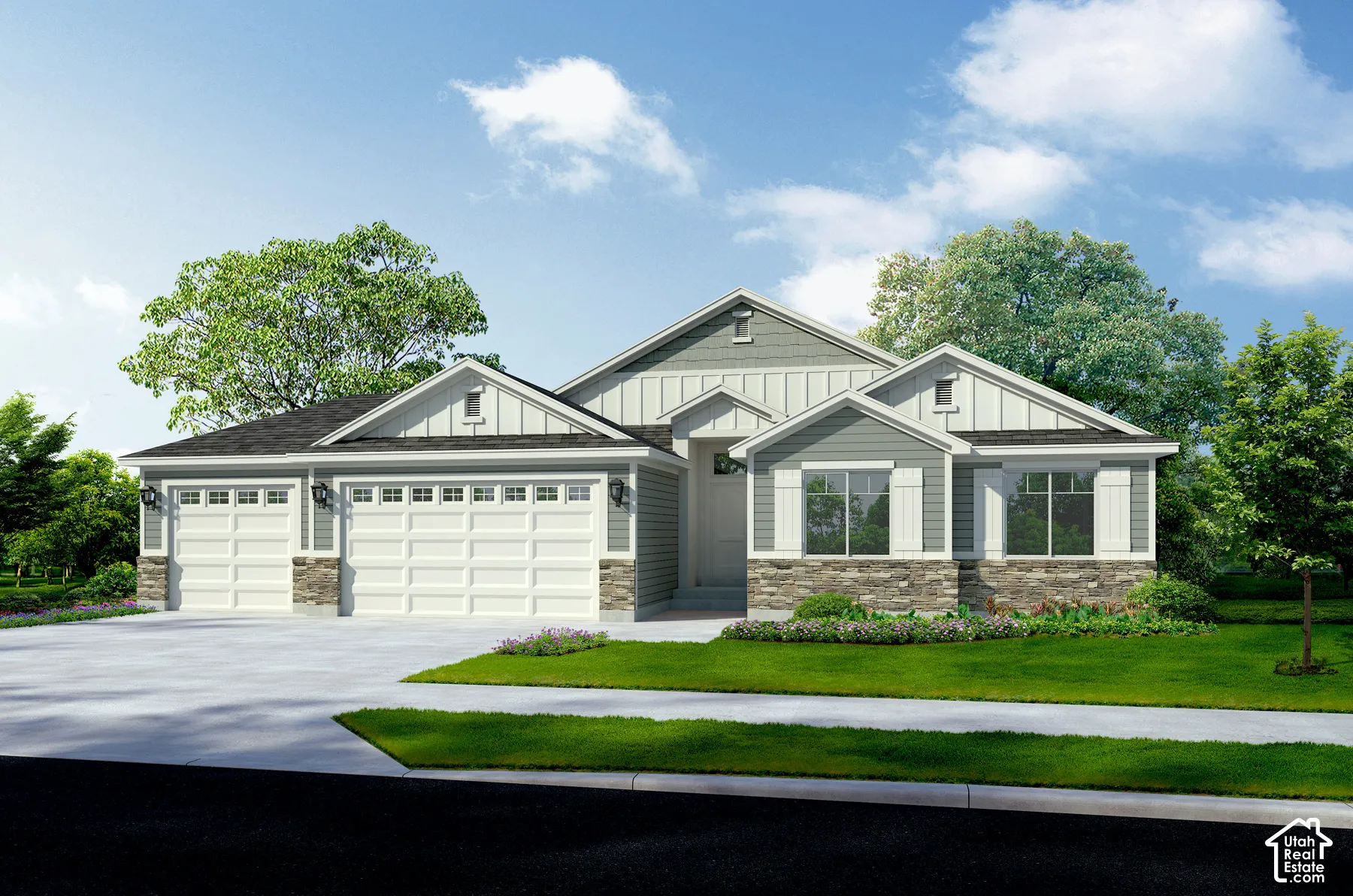 Siding exterior featuring stone accents, gabled rooflines, and a three-car garage