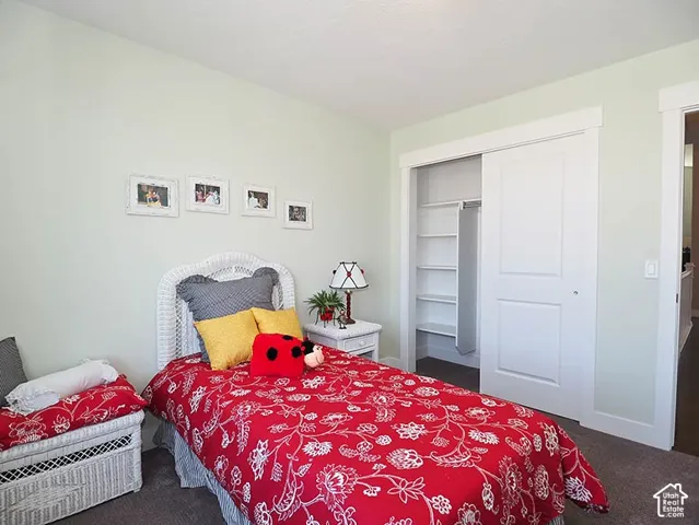 Recessed sliding closet doors with built-in shelving, light-colored walls, and carpeting