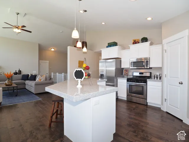Kitchen with white cabinetry, stainless steel appliances, and a light-toned countertop island