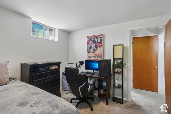 Carpeted flooring, egress window, white painted walls, and a solid core door