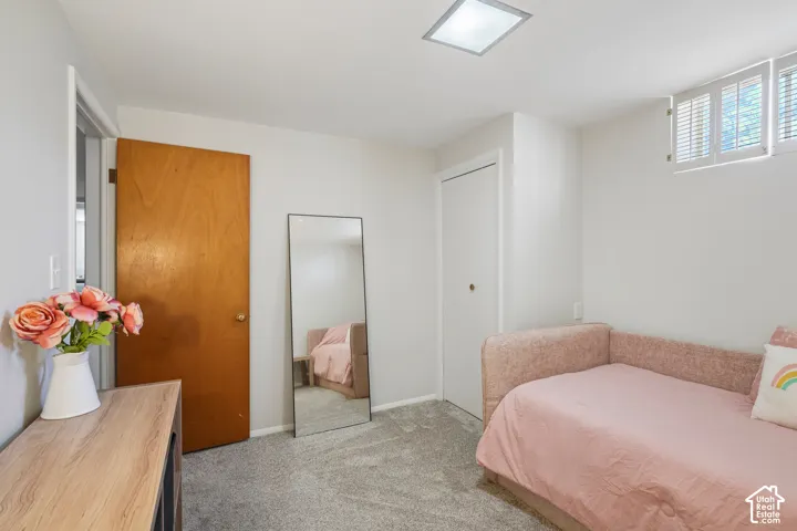 Wall-to-wall carpeting, wood-finish door, white walls, flush-mount ceiling light, window with shutters