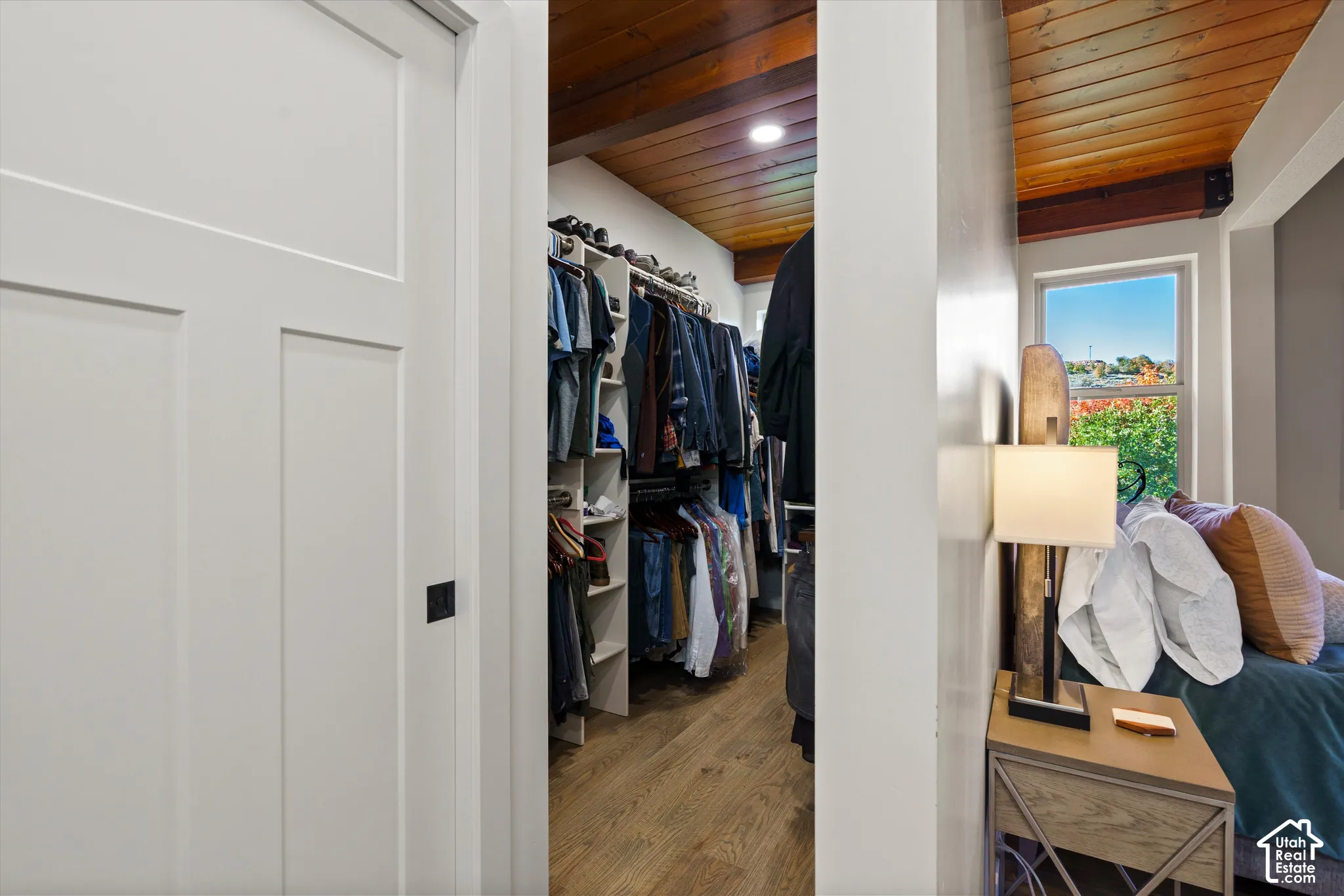 Walk-in closet featuring wood-finish flooring and integrated shelving