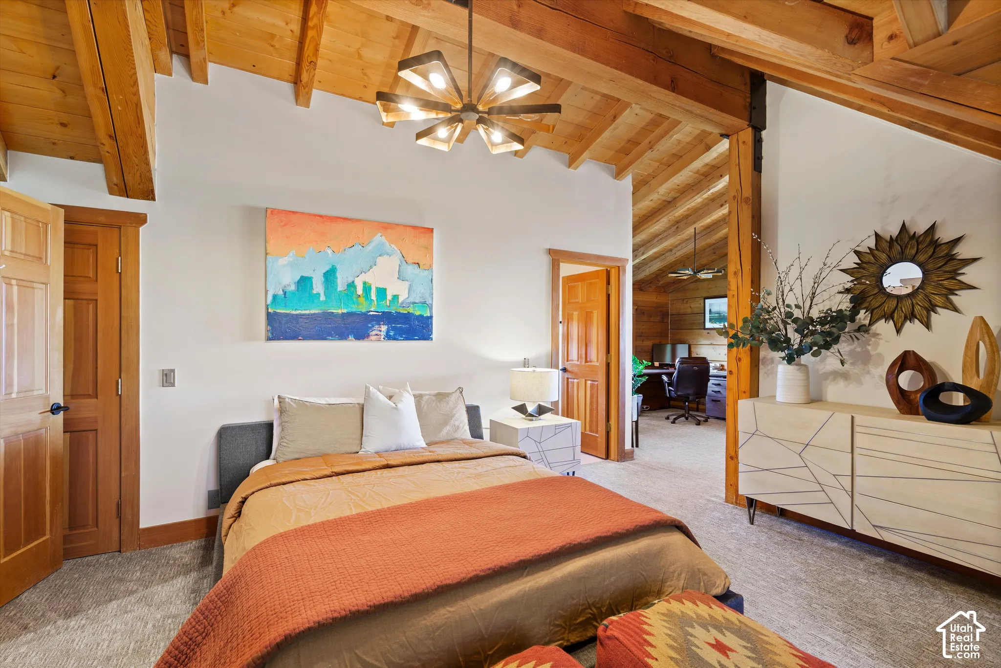 Vaulted wood-paneled ceilings with exposed wood beams