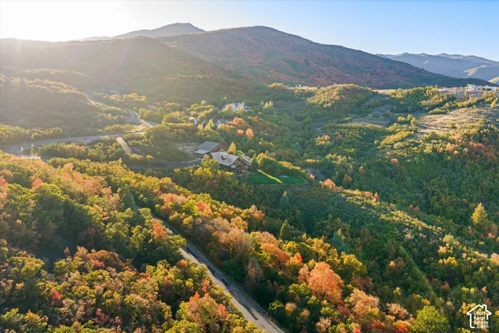 Expansive mountainous terrain with varied foliage and a paved roadway