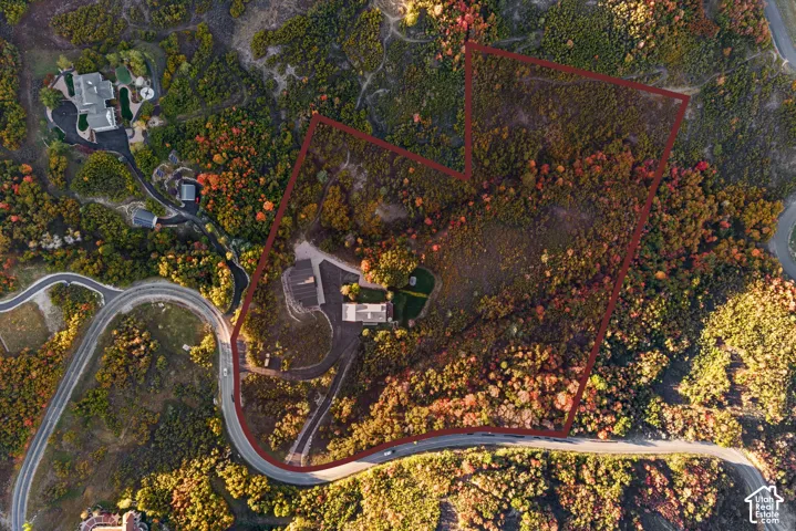 Expansive natural terrain surrounding a curved roadway, featuring a structured lot outline and established residences