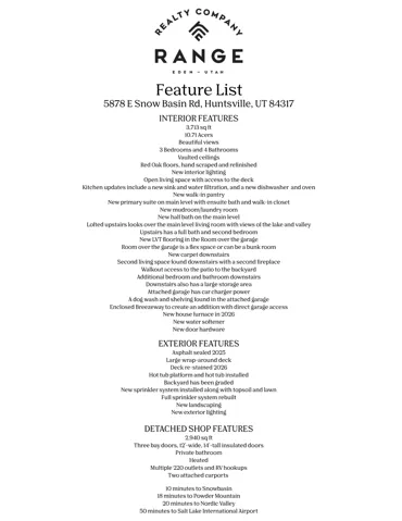 Feature List. Detailing interior, exterior, and detached shop features of the property