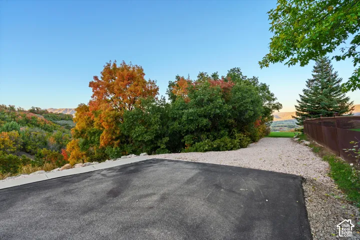 Paved surface with a gravel border, featuring mature trees and a distant mountain landscape