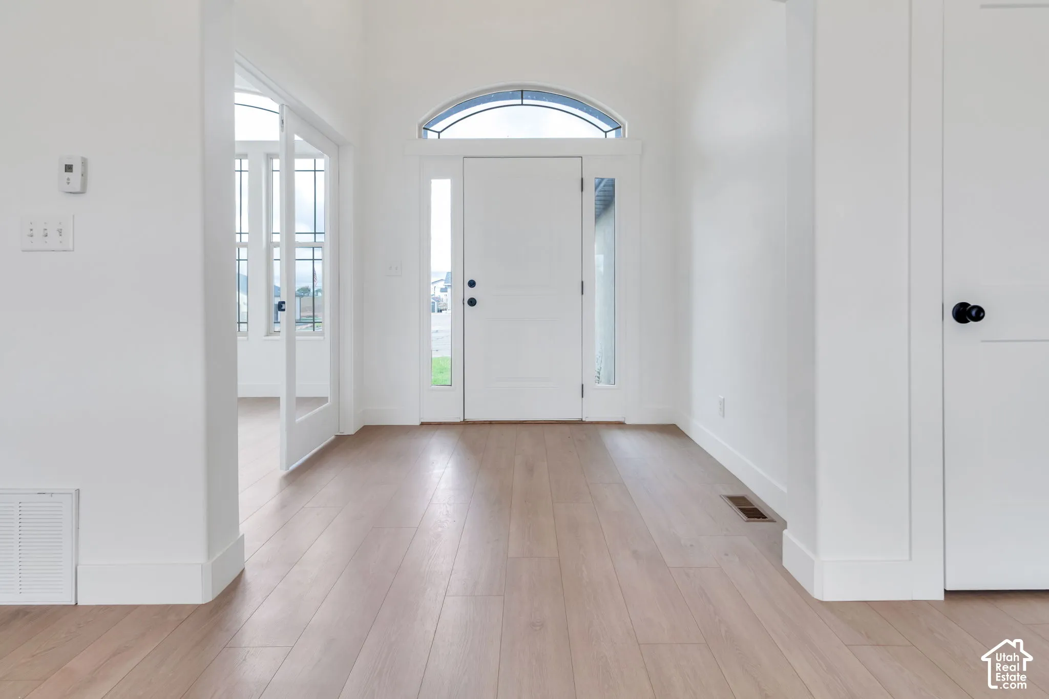 Entryway featuring a white paneled door with an arched transom, wood-finish flooring, and white trim