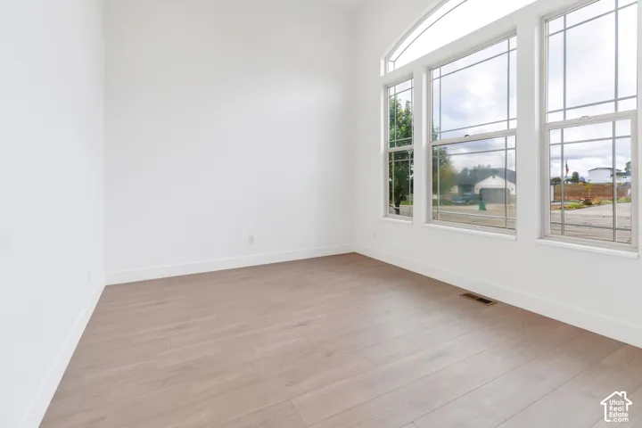 Expansive wall of windows with an arched transom, light wood-finish flooring, and white walls