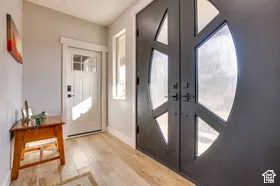 Double entry doors with decorative glass inserts, wood-finish flooring, and white trim