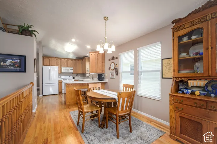 Kitchen and dining area featuring wood-finish flooring, white appliances, light wood cabinetry, and a ceiling-mounted light fixture