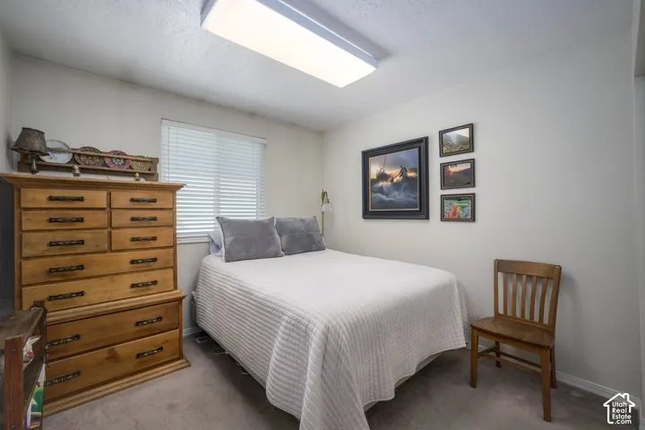 Wall-to-wall carpeting and a window with blinds