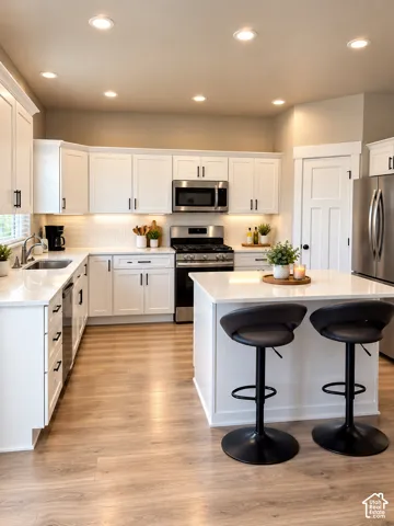 Modern kitchen featuring white shaker cabinetry, stainless steel appliances, a center island, wood-finish flooring, and recessed lighting