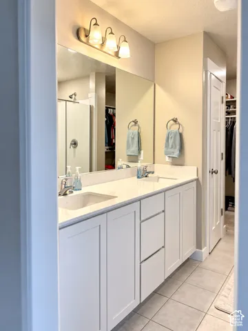 Dual vanity with white cabinetry and integrated sinks, a chrome-finish shower enclosure, and a three-light fixture