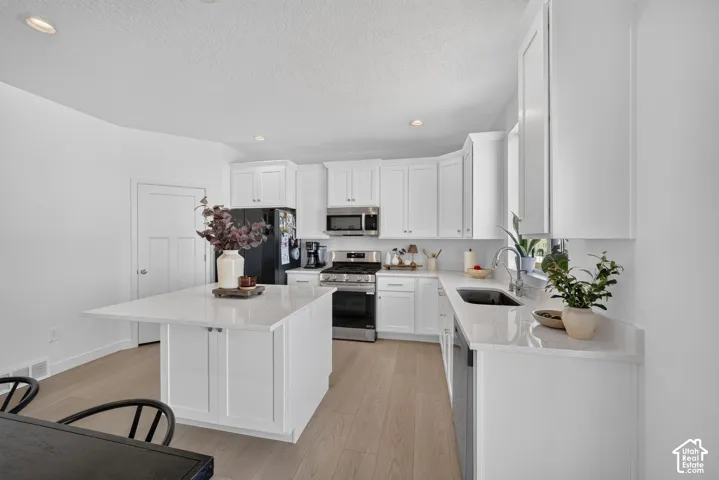 White shaker-style cabinetry, light wood-finish flooring, recessed lighting, white countertops, and stainless steel appliances