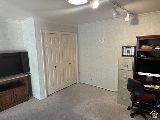 Crown molding and textured wallpaper accent this room, featuring light gray carpeting, bi-fold closet doors, and track lighting