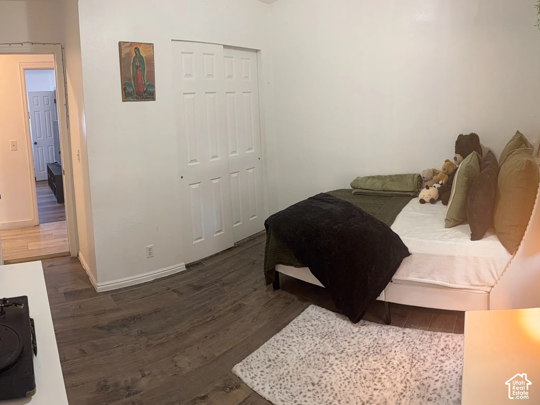 Wood-finish flooring throughout, white walls, and a white bi-fold closet door